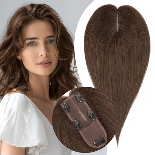 S-noilite Hair Toppers for Women Real Human Hair, Human Hair Toppers for Women,Hair Toppers for Thin Hair,100% Real Human Hair Toppers 2.25"*6" Lace Silk Base Hair Toppers 8 inch Dark Brown