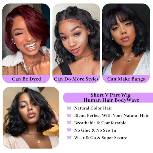 Xagujpo Wear and Go Glueless Wigs Human Hair Body Wave V Part Wigs for Black Women Upgrade U Part Human Hair Wig No Leave Out No Sew In Full Head Clip In Half Wig 180% Density Natural Color (14 inch)