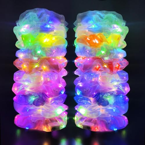 20Pcs Light Up Scrunchies with 12Pcs Satin Elastic Hair Bands, LED Hair Ties for Women & Girls, Glow in the Dark Party Supplies Christmas Party Favor Festival Rave Accessories for Neon Glow Party