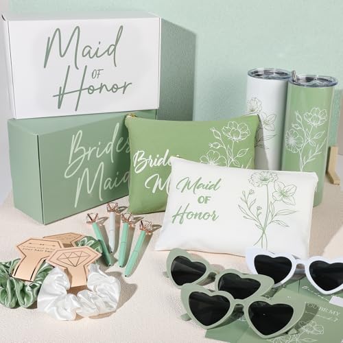 42 Pcs Bridesmaid Proposal Gifts Bridal Shower Gifts Cosmetic Makeup Bags and Boxes Patterned 20oz Water Bottles Bride Sunglasses Scrunchies Hair Diamond Pens Invited Cards Favors for Wedding
