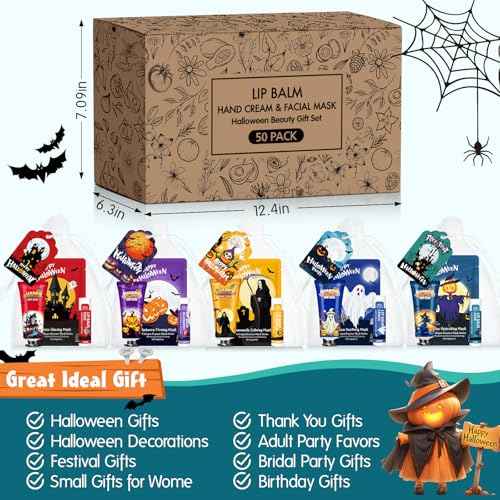 VESPRO 50 Pack Halloween Hand Cream, Facial Mask and Lip Balm Set, Bulk Halloween Gifts for Women, Halloween Decorations, Halloween Party Favors, Halloween Basket Stuffers and Halloween Skincare