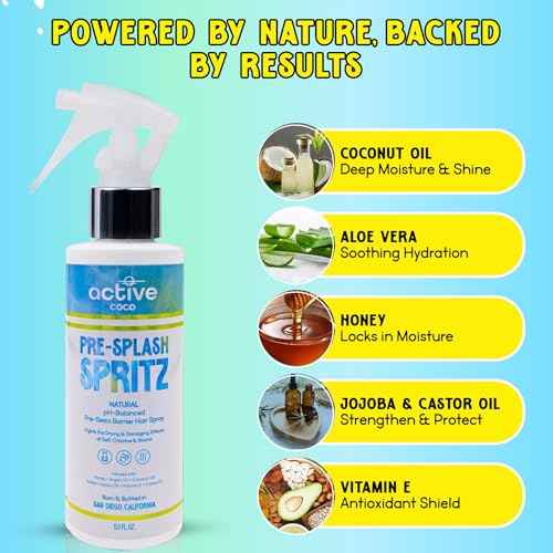 Pre Swim Hair Protection Spray - Beach Essentials - Salt Water, Heat Damage & Chlorine Hair Protection with Coconut Oil, Jojoba, Aloe Vera & Vitamin E - pH Balanced, Made in USA