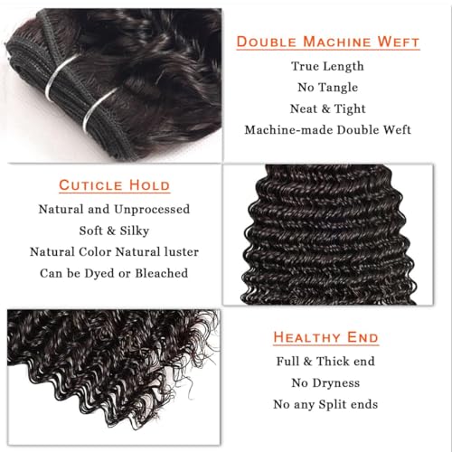 Deep Wave Human Hair Bundles 12A 18 20 22 Inch, 3 Bundle 100% Unprocessed Virgin Brazilian Human Hair Extensions Quick Weave Natural Black, Can be Dyed