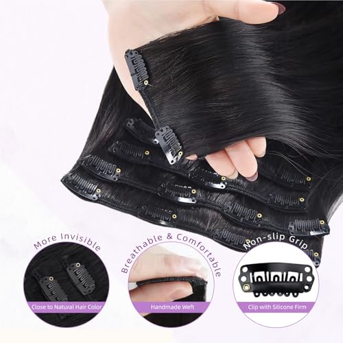 Clip in Hair Extensions Real Human Hair,100% Seamless Remy Human Hair Straight,Clip Extensions for Women, 8pcs Per Set with Double Weft,1B Natural Black,22inch 110g/4oz