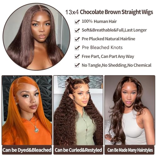 Chocolate Brown Lace Front Wigs Human Hair Pre Plucked Brazilian Unprocessed Straight 13x4 HD Lace Frontal Wig with Baby Hair Colored Wigs for Women(Chocolate Brown, 24 Inch)