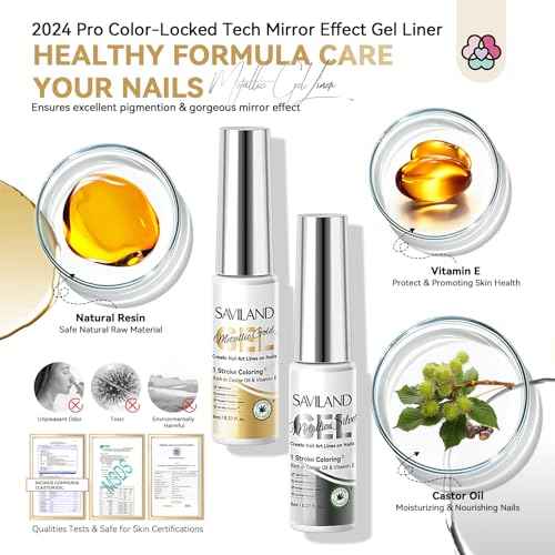 SAVILAND Metallic Gel Liner Nail Art: 2PCS Silver & Gold Metallic Gel Nail Polish Chrome 3D Effect Mirror Gels Polish Build in Thin Brush Metal Painting Gels Nails Design for Salon Home DIY