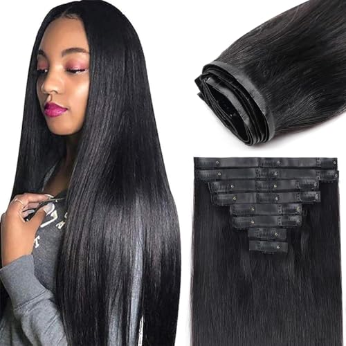 Seamless Clip in Hair Extensions Human Hair for Black Women Pu Clip in Hair Extensions 100% Unprocessed Full Head Brazilian Virgin Straight Human Hair Natural Black Color,8/Pcs with 18Clips,1 (20inch)