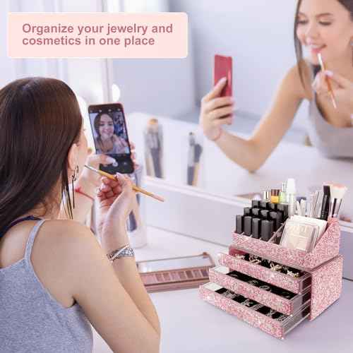 KEYPOWER Makeup Organizers Drawer Bling Diamond,Fashion Countertop Jewelry Cosmetic Storage Display Boxes,Makeup Brush Holder, Cosmetic Holder,2 Pieces Set(Purely Handmade)(Pink)