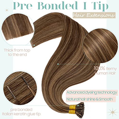 S-noilite Pre bonded I Tip Human Hair Extension for Women 100Strands 50Gram Fusion Stick Tip Remy Human Hair Piece Invisible Keratin Glue K Tip 22Inch #4P27 Medium Brown highlight Dark Blonde