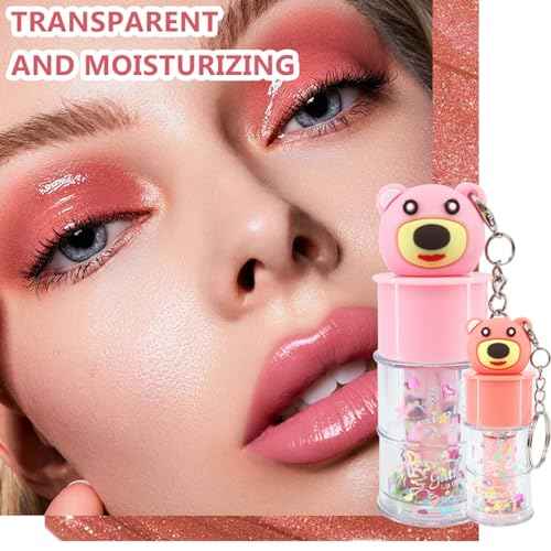 6 Pcs Hydrating Lip Gloss Set, Shimmer Glossy Moisturizing Lip Jelly Sequins and Sparkles Lip Make-Up for Kids and Teens Party Gift Cute Bear Keychain Design
