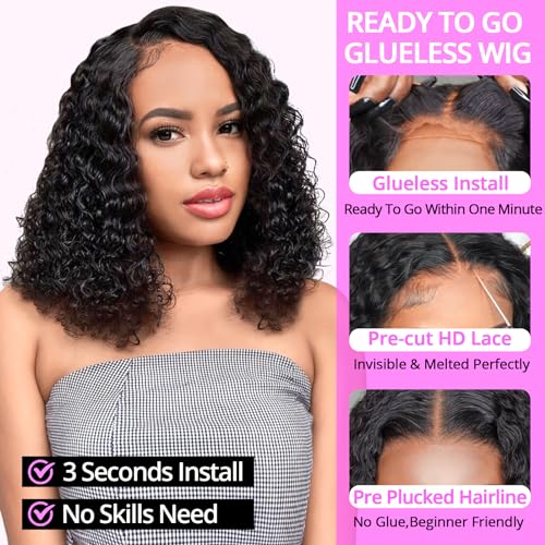 Put On and Go Glueless Wigs Human Hair Pre Plucked Pre Cut Lace Closure Wigs for Black Women 200% Density Glueless Deep Curly Bob Wig Human Hair 30 Seconds Install for Beginners Natural Color 14 Inch