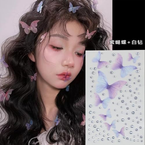 5D Self Adhesive Face Gems Pearls for Makeup, 5 Sheets 3D Bow Moon Butterfly Shape Hair Jewels Diamonds with Tweezers, Bling Rhinestone Stickers for Crafts,Face,Nail (Pink,Purple,Blue,White)