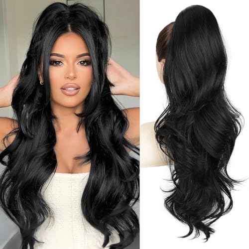 BOGSEA Ponytail Extension 26 Inch Drawstring Ponytail Extension for Women Long Wavy Hair Extensions for Daily Use(1B)