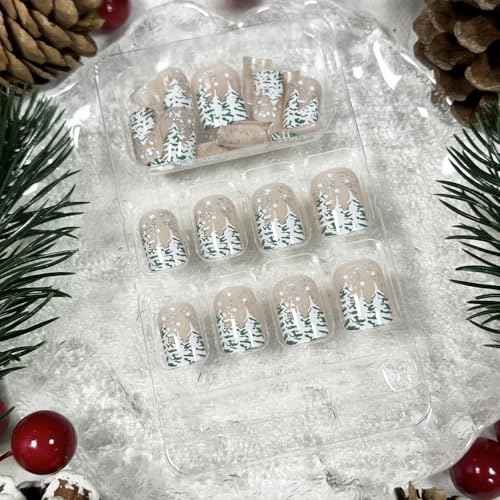 Christmas Nude Press on Nails Short Square Fake Nails with Xmas Tree Glitter Designs Glossy Artificial Nails Full Cover Stick on Nails Christmas Glue on Nails for Women Nail Art DIY 24Pcs