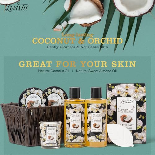Mothers Day Gifts, Spa Baskets For Women, Bath And Body, Coconut & Orchid Bath & Body Set, Includes Shower Gel, Hand Cream, Body Lotion, Candle And More, Gifts For Women, Gift For Mom