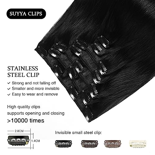 SUYYA Clip in Hair Extensions Real Human Hair, 16 inch 120g Jet Black Clip in Hair Extensions Human Hair Straight Human Hair Clip ins Double Weft(16 inches #1 Jet black)
