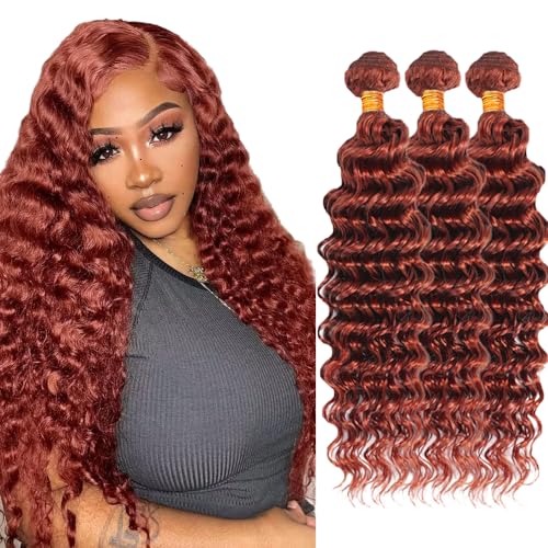 22 24 26 Inch Color #33 Bundle Reddish Brown Deep Wave Human Hair Weave 8A Brazilian Virgin Hair Mixed Length 3 Bundles #33 Loose Deep Wave Bundles Human Hair Extensions