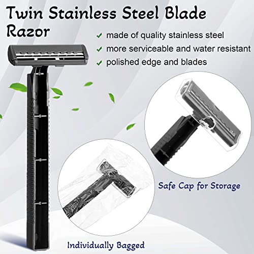 Chumia 500 Pcs Disposable Twin Blade Razor Shaving Safety Razor for Men Individually Wrapped with Clear Safety Cap Bulk Packed Portable for Hotel Guest House Travel Home Use(Black)