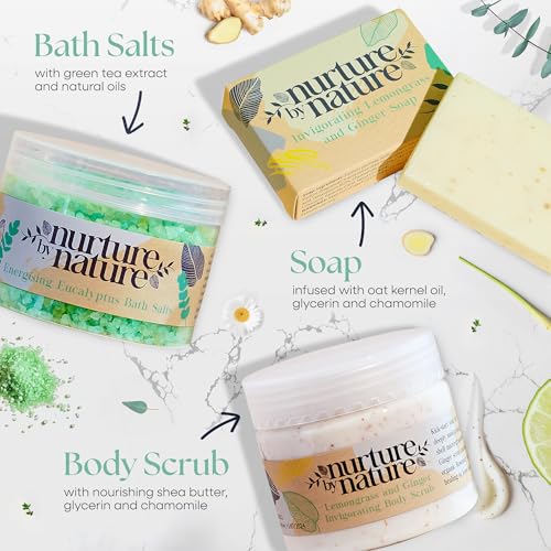 Nurture by Nature RELAX & UPLIFT Spa Kit for Women ? Birthday Gifts for Women ? 6 Piece Gift Basket with Hand Soap, Body Scrub, Hand Cream & More - Vegan Self Care Kit - Relaxation Gifts for Her