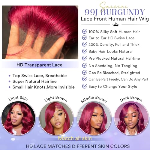 22 Inch 99j Burgundy Lace Front Wigs Human Hair 13x4 HD Red Burgundy Wig Human Hair 200% Body Wave Lace Front Wigs Pre Plucked Glueless Frontal Wigs for Women