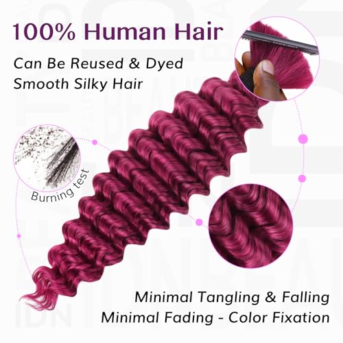IDN BEAUTY Pre Divided Human Braiding for Boho Braids Hair Extensions, 18 Inch 100g 99J Burgundy Deep Wave Human Hair for Braiding Bohemian No Weft 12A Virgin Brazilian Wet and Wavy