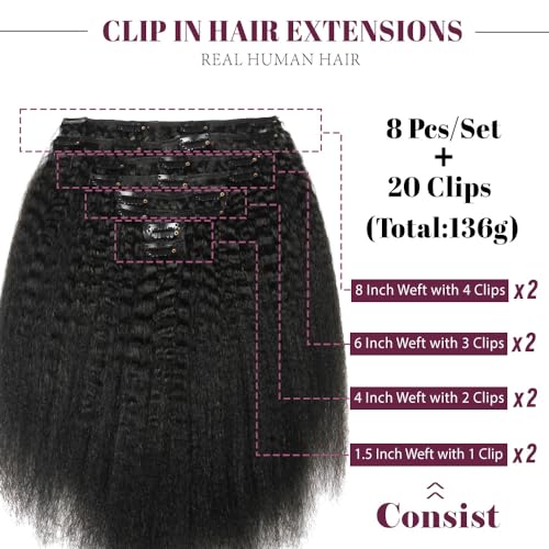 KRN Clip in, 136g 8 pcs Full And Thick Kinky Straight Hair Extensions Clip ins for Black Women 12A Natural Black Hair Extensions Clips in Human Hair with Clips Easy to Wear 22 Inch