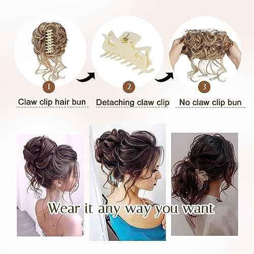Large Messy Bun Hair Pieces for Women Wavy Curly Fake Hair Bun Extensions Ponytail Hairpieces for Updo Natural Synthetic Claw Clip Bun Hair Accessories Light Brown mix Blonde