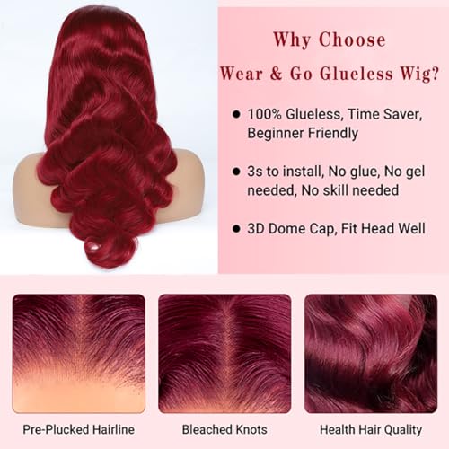 Wear and Go Glueless Wigs Human Hair Pre Plucked Pre Cut for Beginners 99j Burgundy Lace Front Wigs Human Hair Upgraded No Glue 5x5 HD Body Wave Lace Closure Wigs Human Hair for Women 24 Inch