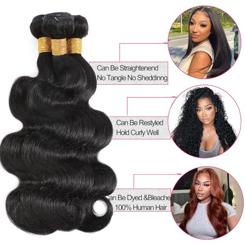 15A Human Hair Bundles 14 16 18 Inch 100% Unprocessed Brazilian Virgin Hair Glossy Quick Weave Body Wave 3 Bundles Deals Natural Black Extensions