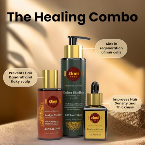 Hair Growth Set With Ayurvedic Herbs- Amla, Bhringraj, Castor, Rosemary For Hair Growth. Sulfate Free Hair Thickening Product,3 Pcs - Oil, Shampoo & Serum, 8.45 Fl Oz