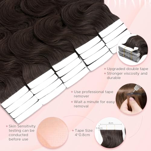 Wavy Tape In Hair Extensions Real Human Hair with Double-Sided Adhesive Professional Hair Extensions for Women 40pcs Body Wave 14 Inches Dark Brown