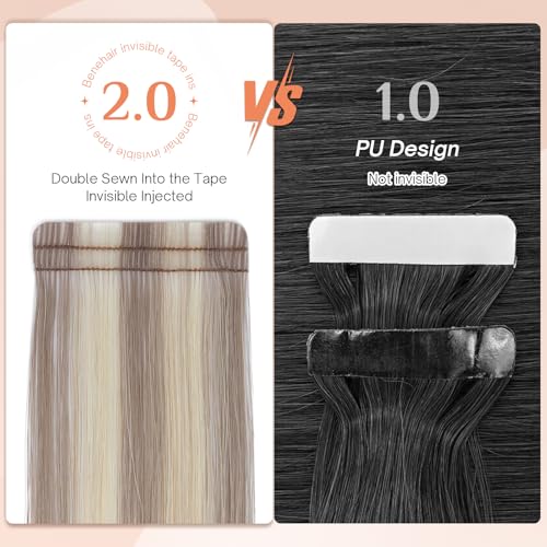 Benehair Tape in Human Hair Extensions, 18 inch Straight Invisible Tape Extensions Remy Blonde Hair Extensions 10pcs 20g Ash Brown Mix Bleach Blonde 18p613