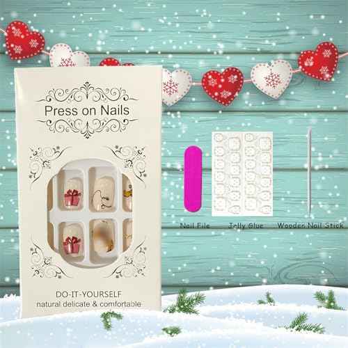 Christmas Press on Nails Square Short Fake Nails Xmas False Nails With Christmas Tree Green Haired Monster Star Gift Designs Full Cover Stick on Nails Acrylic Winter Artificial Nails for Women 24Pcs