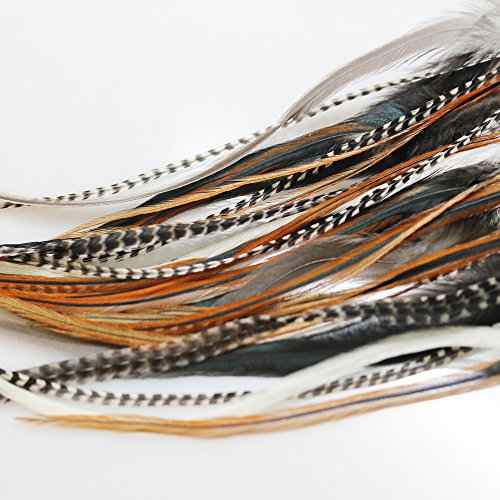 Sexy Sparkles Feather Hair Extensions - Natural Beige & Brown Feathers, 25 Individual Loose Feathers, 8-12 Inches, Includes 10 Silicone Micro Beads