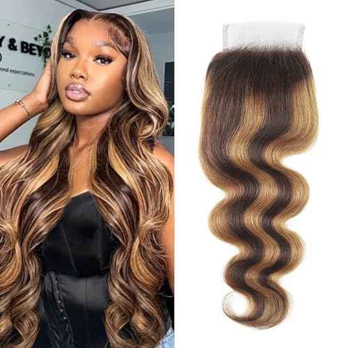 4/27 Lace Closure Human Hair Pre Plucked With Baby Hair Body Wave Brown To Honey Blonde Two Tone 4X4 Free Part Bleached Knots Brazilian Virgin Closure Human Hair 20 Inch