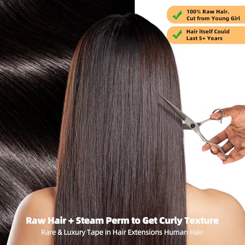 Clytie Raw Curly Tape in Hair Extensions Real Human Hair, One Donor Tight Curly Human Tape ins Hair Extensions 20 PCS 18IN Salon Bleachable Deep Curly 50g Invisible Taping for Thin Hair Light Weight