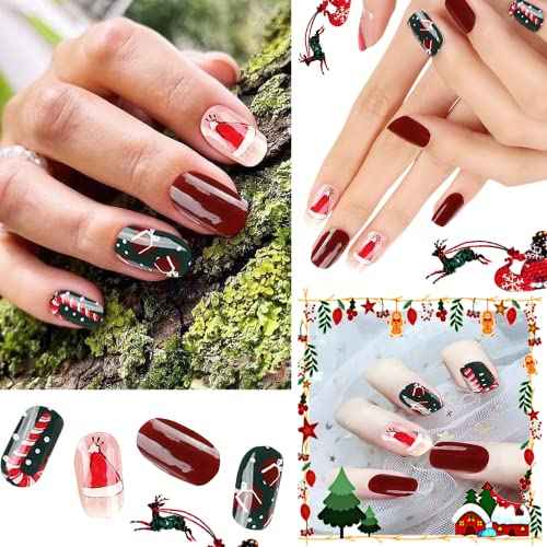 Christmas Full Nail Stickers Christmas Semi Cured Gel Nail Wraps Strips,HOINCO Self-Adhesive Nail Stickers,Christams Nail Decoration(Dark red Jump Color)