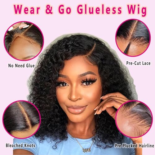 Glueless Wigs Human Hair Pre Plucked Pre Cut 4/27 Highlight Ombre Honey Blonde Curly Bob Wig for Beginners 4x4 Deep Wave Lace Closure Glueless Wigs for Black Women 14 Inch