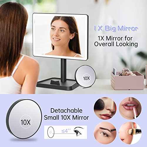 FUNTOUCH Rechargeable Makeup Vanity Mirror with Lights, Large Lighted Desk Makeup Mirror with 96 LED Lights and 10x Magnifying, 3 Color Lighting, Make up Light Mirror with Phone Holder