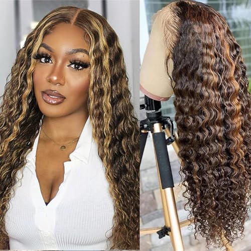 Highlight Ombre Lace Front Wig Human Hair 13x4 HD Honey Blonde 4/27 Deep Wave Lace Frontal Wigs Glueless Wigs Human Hair Pre Plucked with Baby 26 Inch