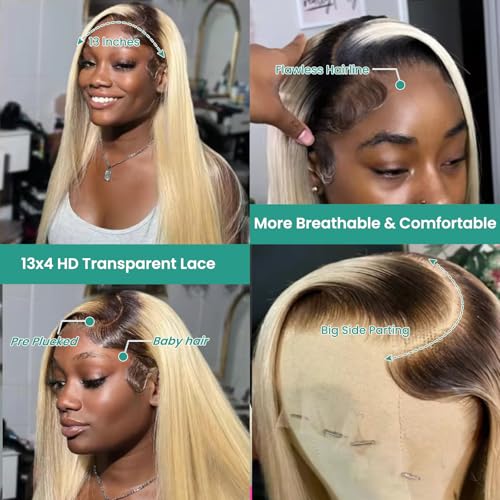 Munx Blonde Wear and Go Glueless Wig Human Hair 13x4 HD Lace Front Wigs for Women 180% Density Pre Plucked with Baby Hair Colored Straight Ombre Blonde 1b613 Lace Wigs 16 Inch