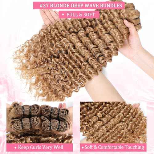 Blonde Deep Wave Human Hair Bundles 12A #27 Colored Deep Curly Human Hair 3 Bundles 18 20 22 Inch Honey Blonde Wet and Wavy Bundle for Black Women