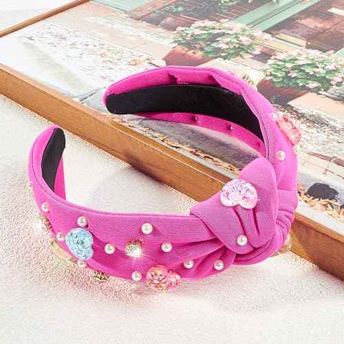 TANOSII Valentine¡¯s Day Knotted Headband for Women Wide Headbands Hair Accessories Jeweled Hairband Bling Heart Rhinestones Rose Red