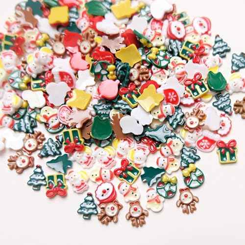 50Pcs Christmas Nail Art Charms - Cute Cartoon 3D Snowman, Elk, Holly Gift Design - Resin Flat Craft Winter Nail Supplies for Women Girls - New Year Decoration