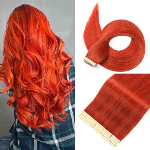 Tape in Hair Extensions Human Hair Copper Red Hair Extensions 18 Inch 20pcs Remy Straight Human Hair Tape in Extensions Skin Weft Tape Extensions Human Hair