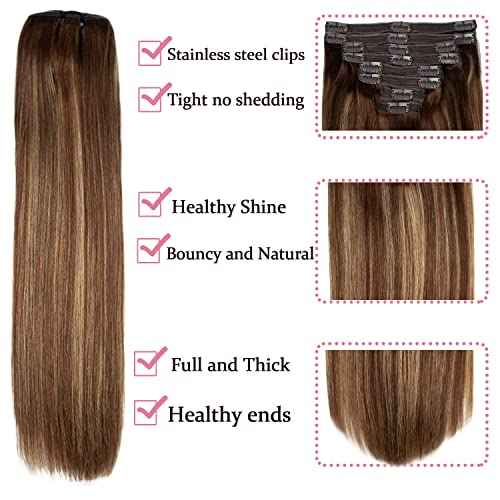 Clip in Hair Extensions Human Hair 120g Real Human Hair Extensions Clip in Balayage Chocolate Brown to Caramel Blonde 8PCS Clip in Straight Remy Hair Extensions (14 inch, 4/27/4)