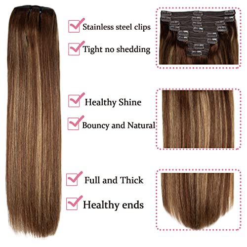 Real Full Head Silky Straight Clip in Extensions Balayage Chocolate Brown to Caramel Blonde 120g 8pcs Remy Hair Extensions Clip in Human Hair 18inch