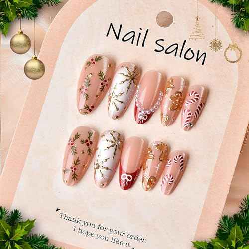 24Pcs Christmas Almond Press on Nails Medium Fake Nails with Gingerbread Doll Snowflake Cane Pearl Design Bow French Tip False Nails Xmas Almond Nails Press ons Artificial Glue on Nail for Women