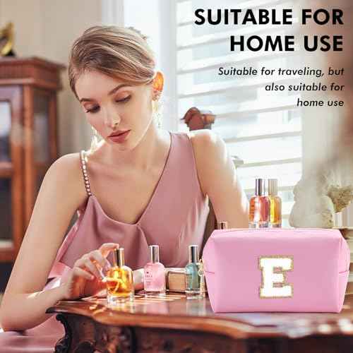 Initial Makeup Bag for Women Travel Small Cosmetic Bag Cute Pink Personalized Preppy Makeup Pouch for Purse Zippered Toiletry Organizer PU Leather Makeup Bag Makeup Case for Christmas£¨E£©