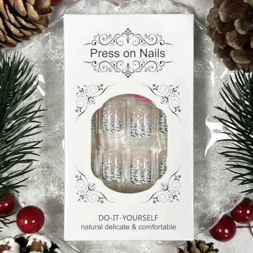 Christmas Nude Press on Nails Short Square Fake Nails with Xmas Tree Glitter Designs Glossy Artificial Nails Full Cover Stick on Nails Christmas Glue on Nails for Women Nail Art DIY 24Pcs